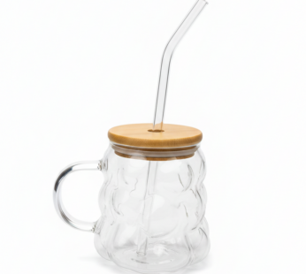 Mug en Verre Ondulé avec Couvercle en Bambou et Paille