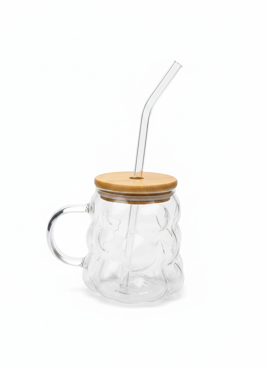 Mug en Verre Ondulé avec Couvercle en Bambou et Paille