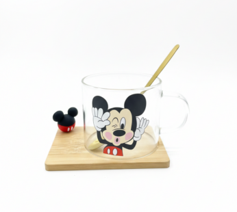 Mug en Verre Mickey & Sous-tasse en Bois