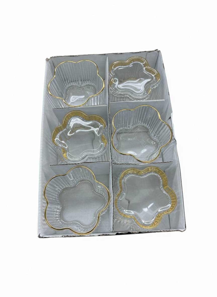 Ensemble de 6 Coupelles en Verre – Design Fleur & Liséré Doré